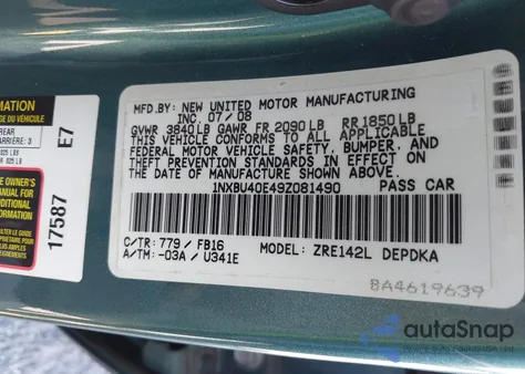 2009 Toyota Corolla Le from USA, damaged, VIN 1NXBU40E49Z081490